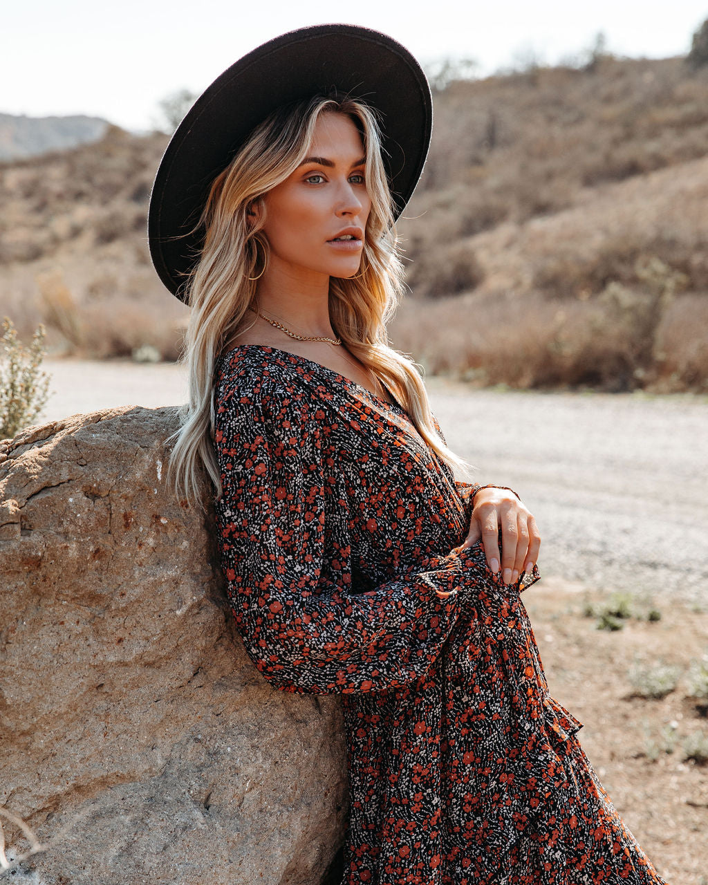 Ditsy Floral V-Neck Long Sleeve Tiered Maxi Dress