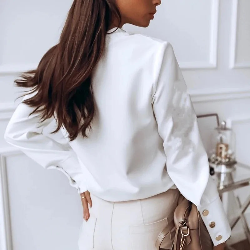 White and Black Long Sleeve Casual Blouse
