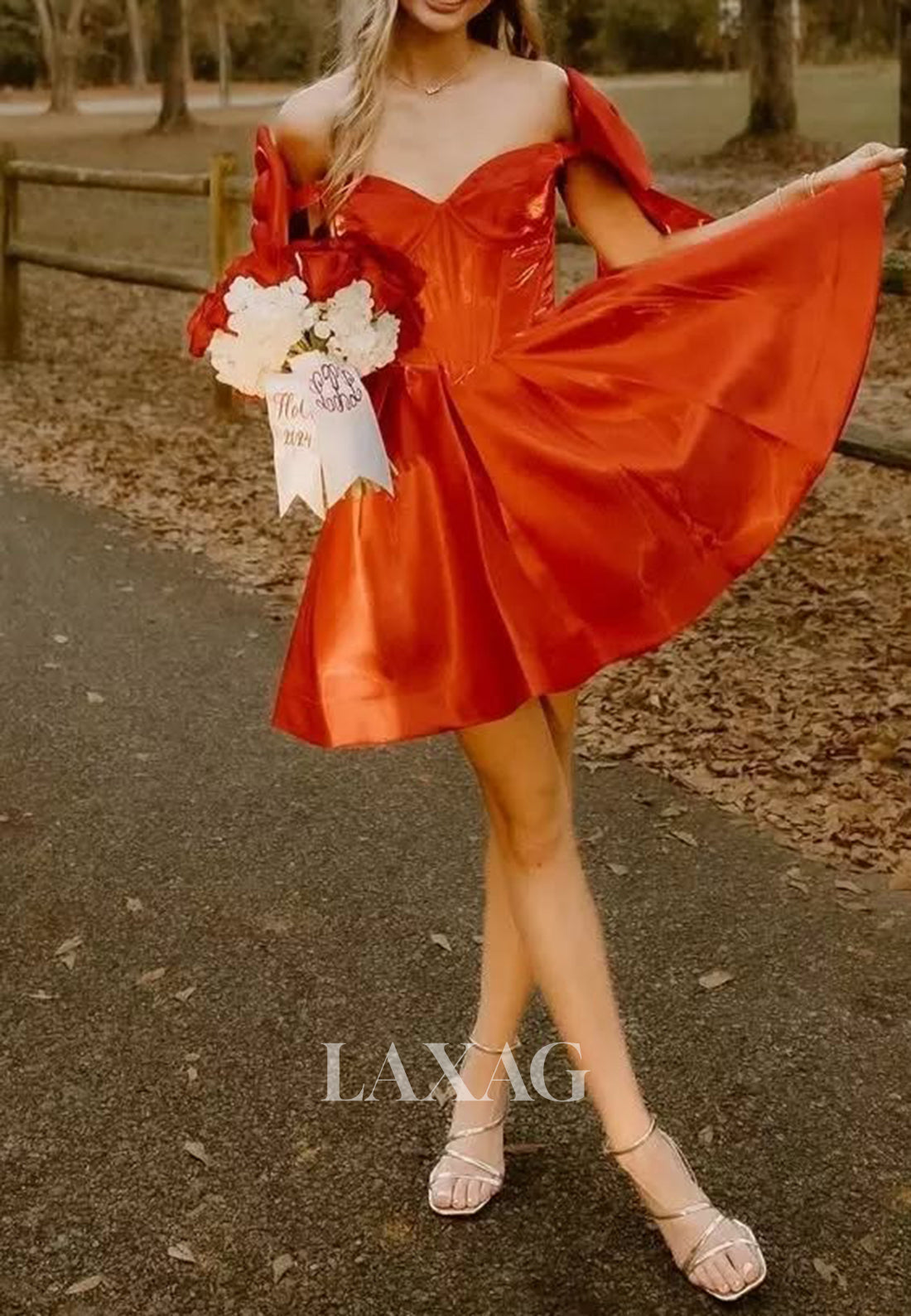 Sweetheart Off-Shoulder Sleeveless Satin A-Line Party Homecoming Dress with Bows