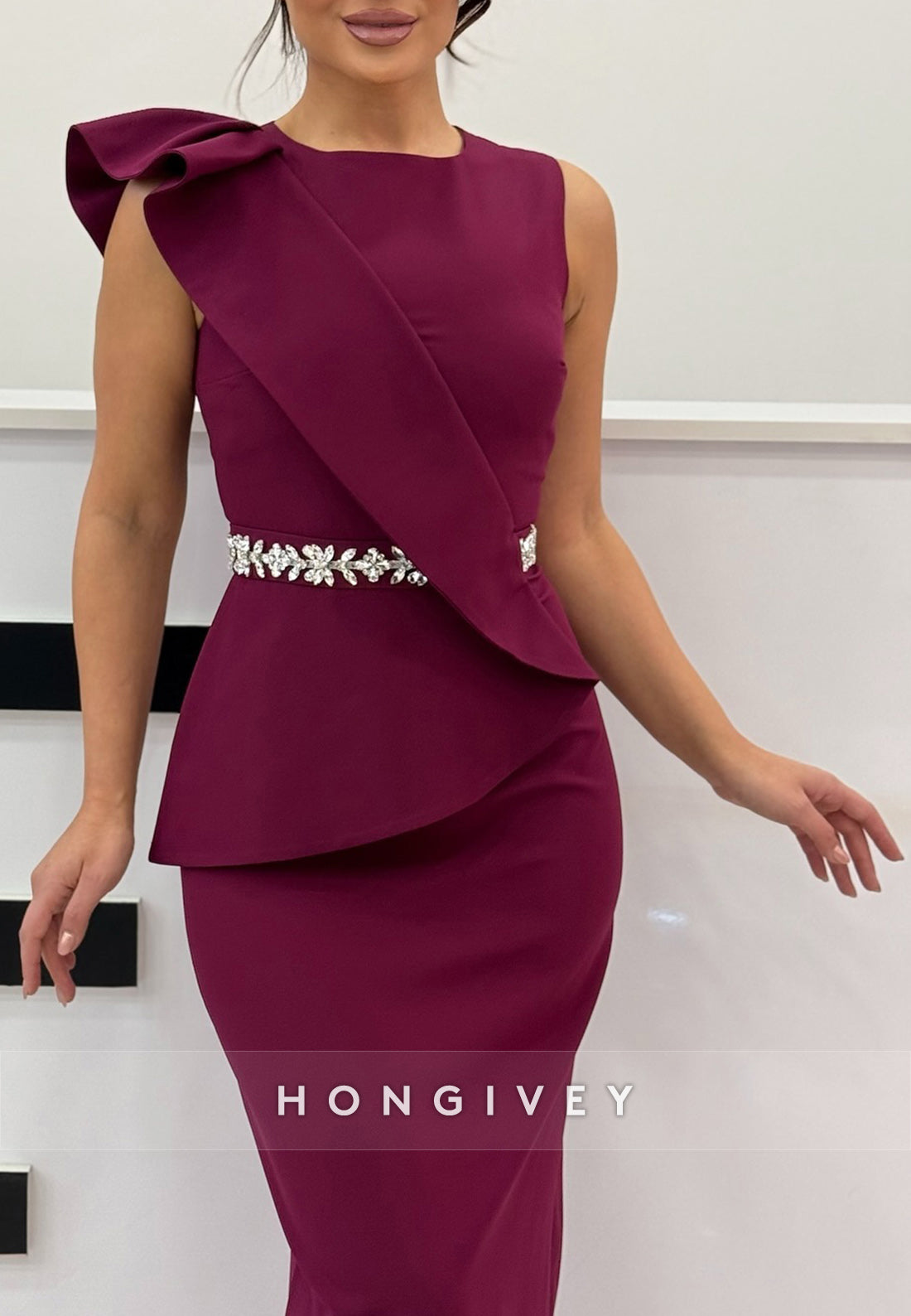 Satin Sheath Ankle-Length Sleeveless Beaded Pleated Evening Gown