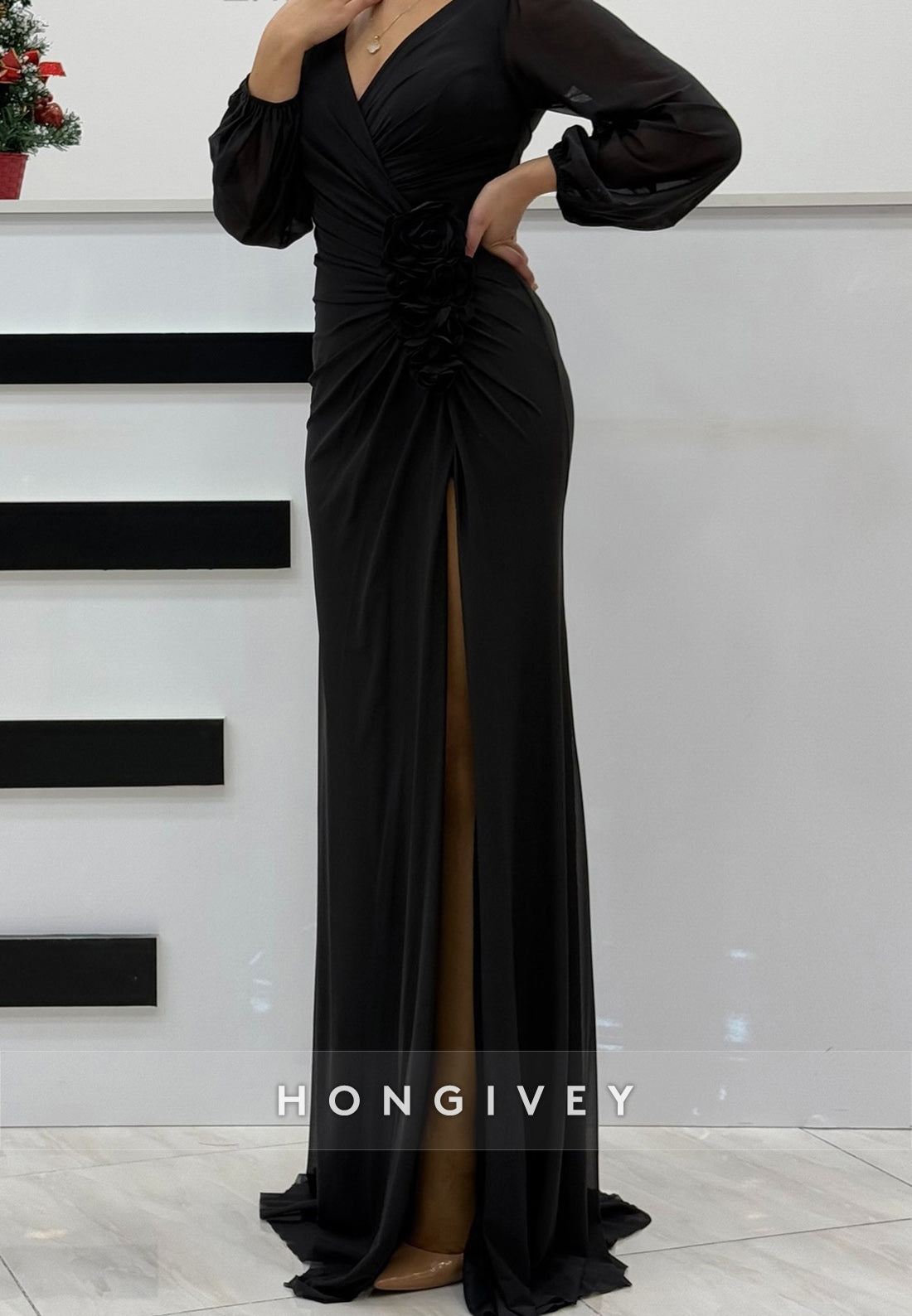 High Slit V Neck Long Sleeve Floor-Length Column Evening Gown Pleated