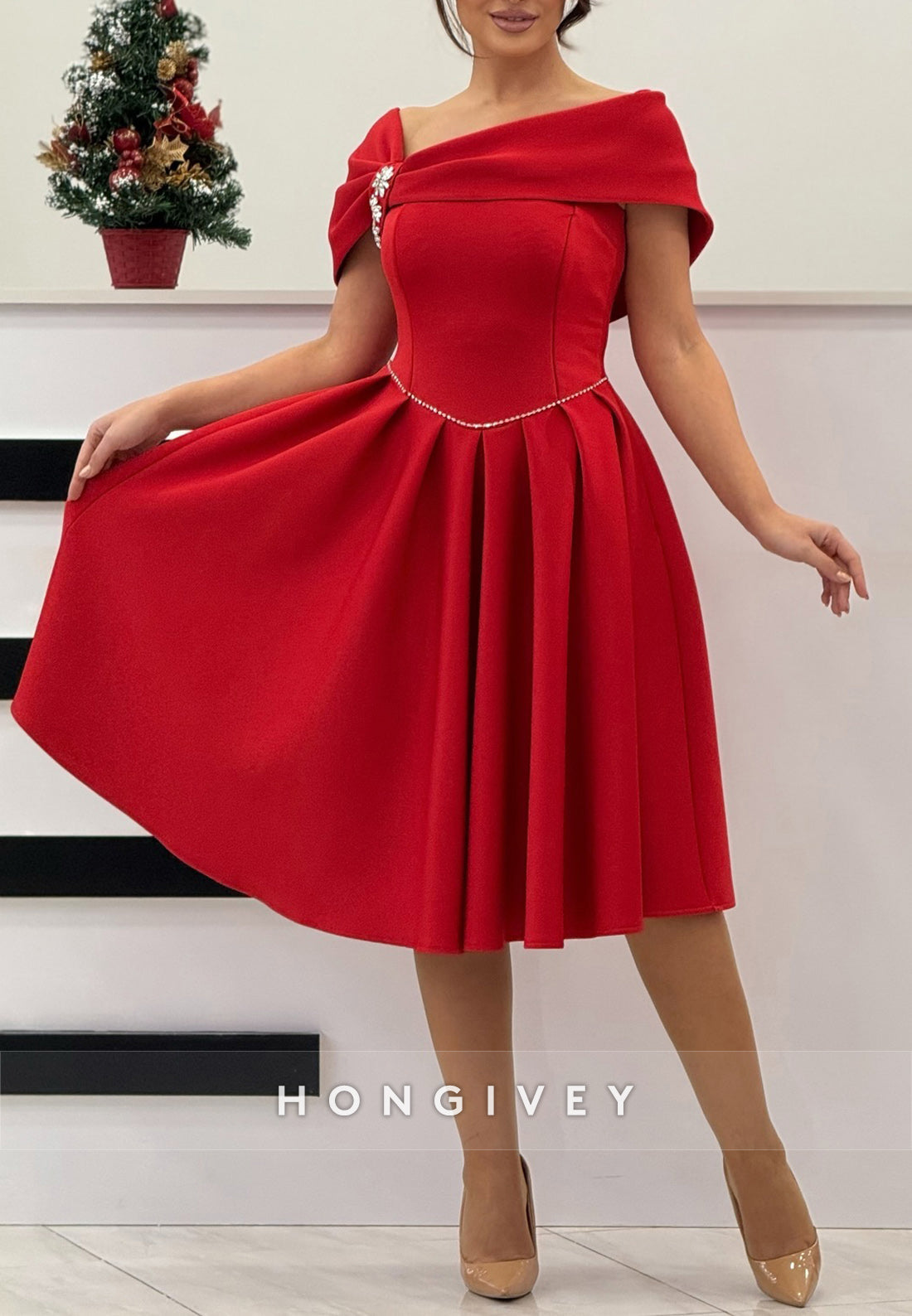 Asymmetrical Neck Red Princess Knee-Length Satin Pleated Flowers Cocktail Dresses