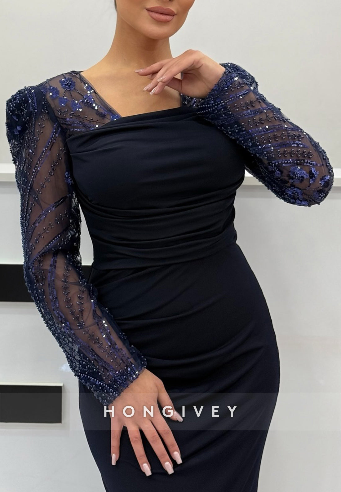 Formal Column Court Train Satin Long Sleeve Pleated Evening Gown