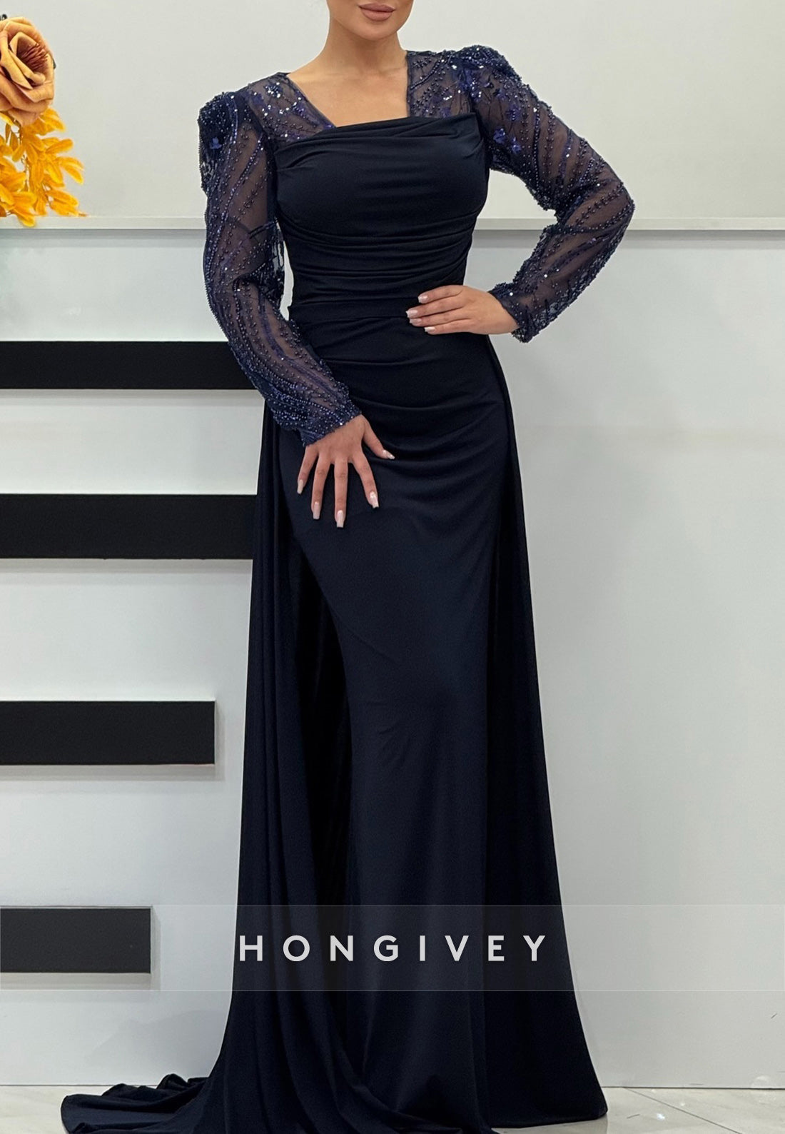 Formal Column Court Train Satin Long Sleeve Pleated Evening Gown