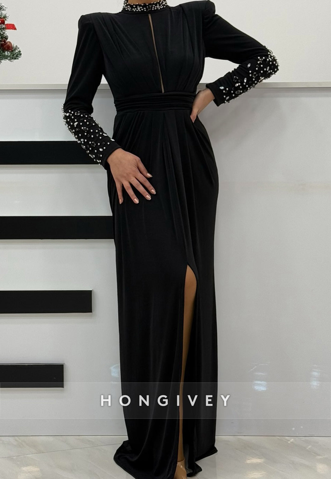 Floor-Length Column High Neck Satin Long Sleeve Pleated With Slit Evening Gown