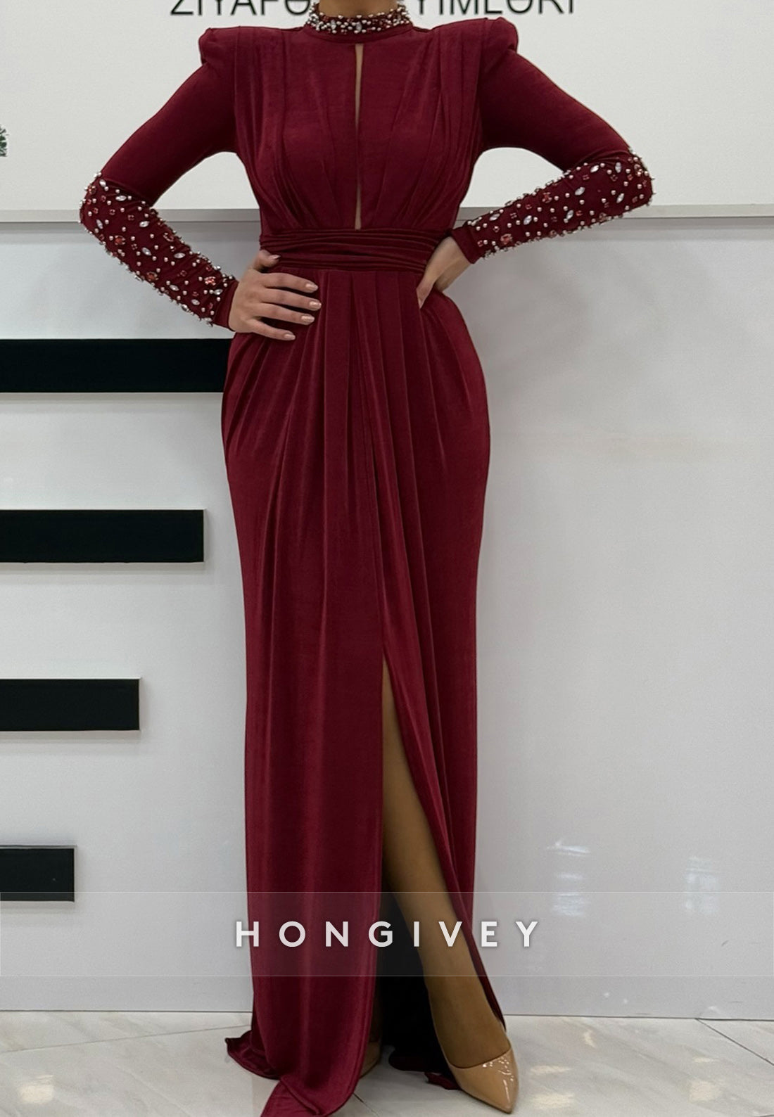 Floor-Length Column High Neck Satin Long Sleeve Pleated With Slit Evening Gown