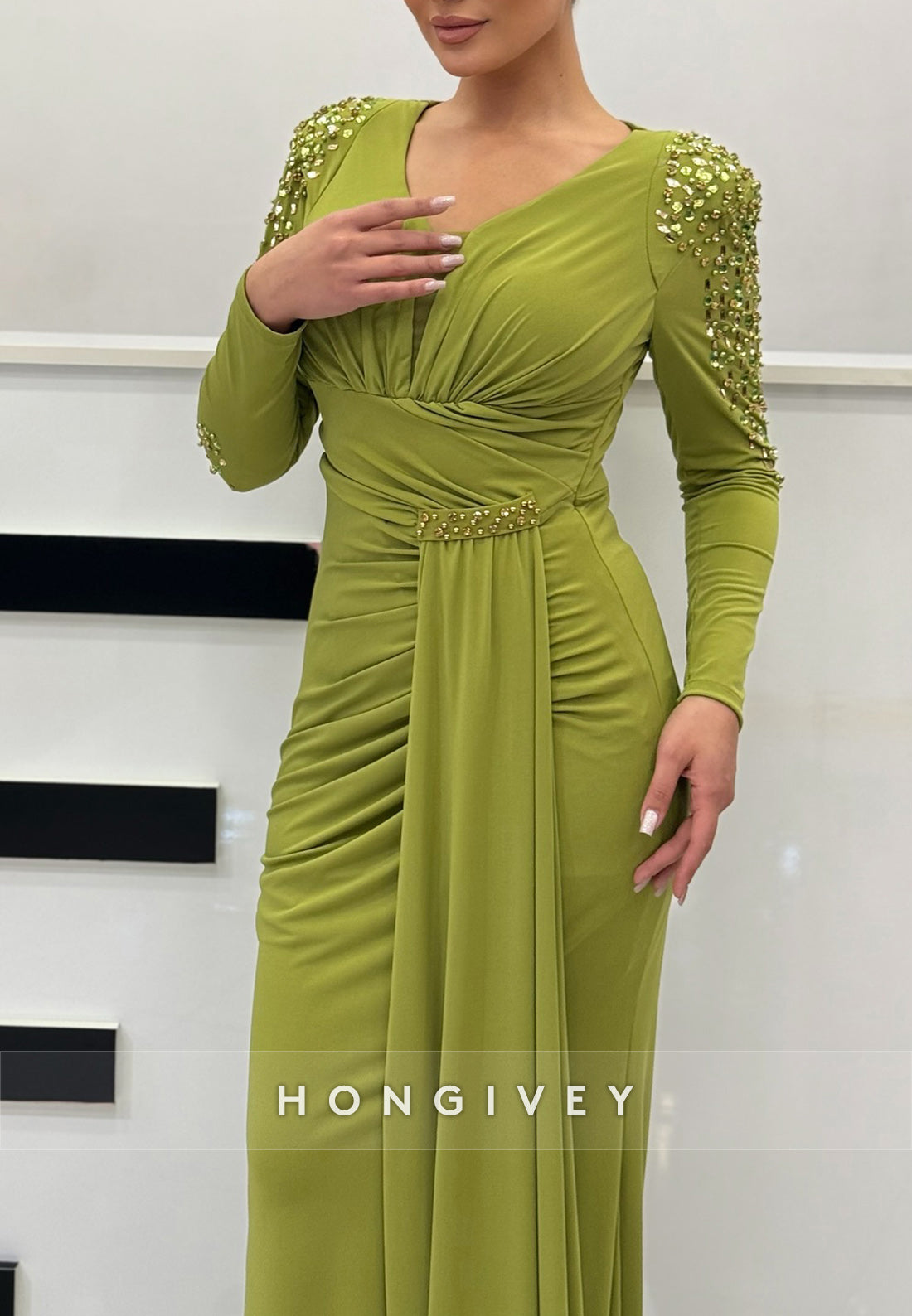 Column Sweep Train Long Sleeve Pleated with slit Rhinestone Evening Gown