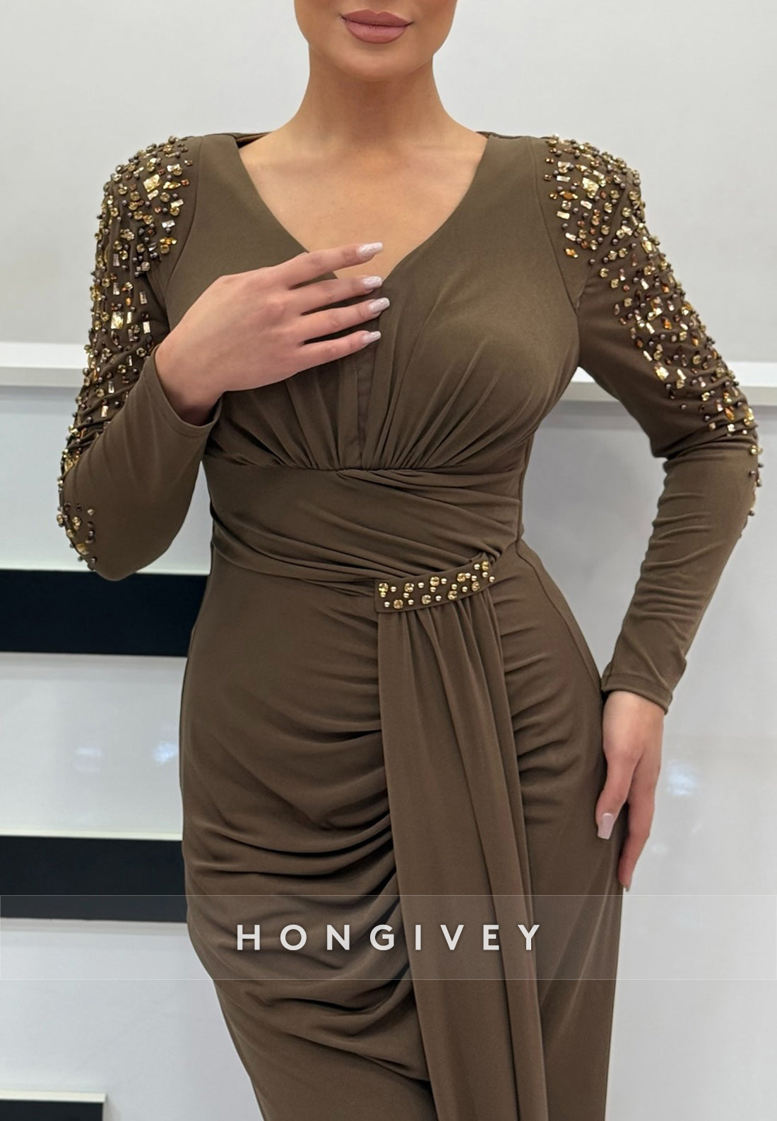 Column Sweep Train Long Sleeve Pleated with slit Rhinestone Evening Gown