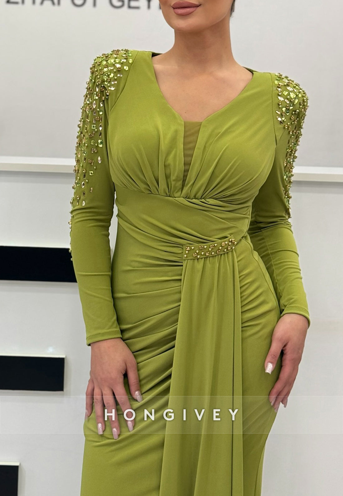 Column Sweep Train Long Sleeve Pleated with slit Rhinestone Evening Gown