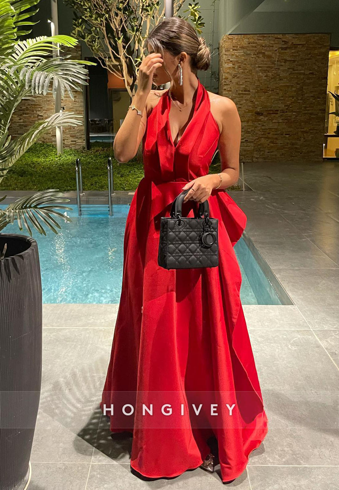 Red V Neck Halter Off the Shoulder Floor-Length Evening Gown