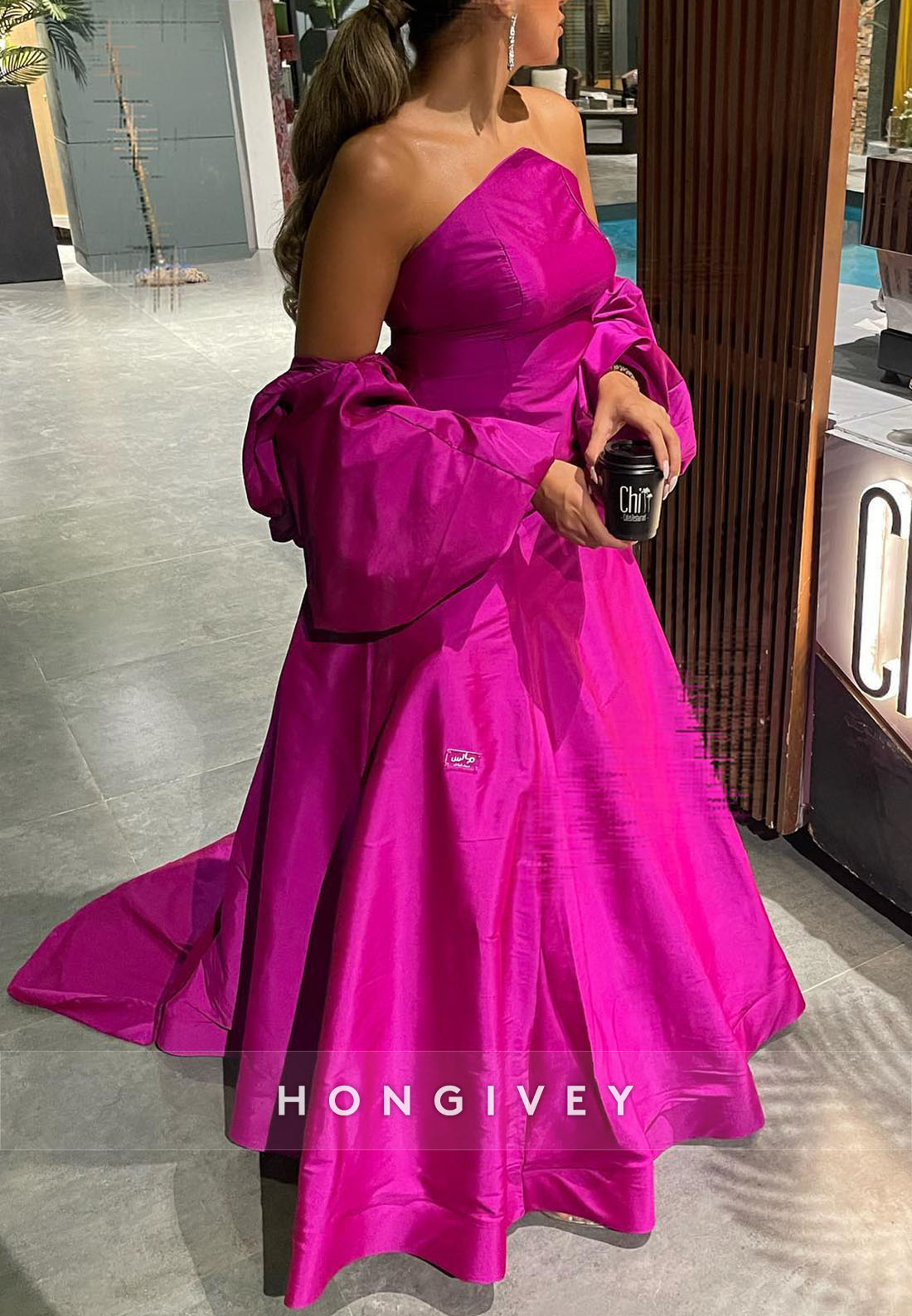 Fuchsia Puff Sleeve Evening Gown Off the Shoulder Pleated Formal Dresses