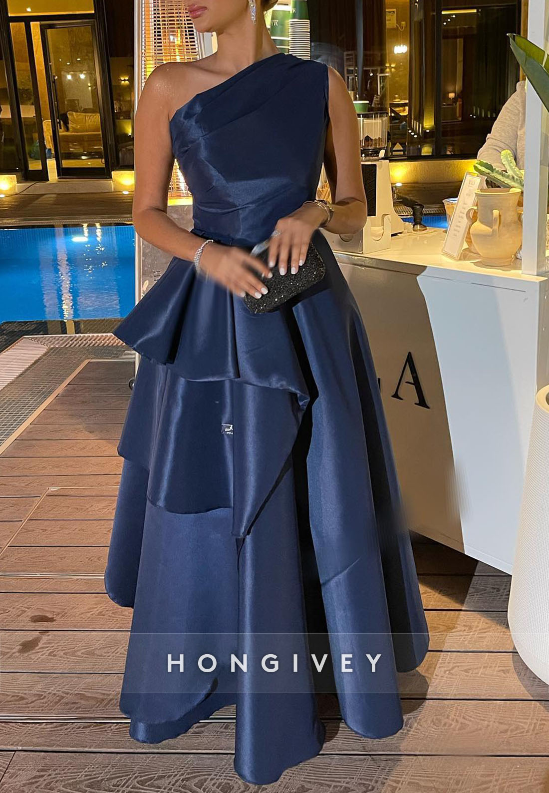 One Shoulder Floor-Length Satin Pleated Princess Evening Gown