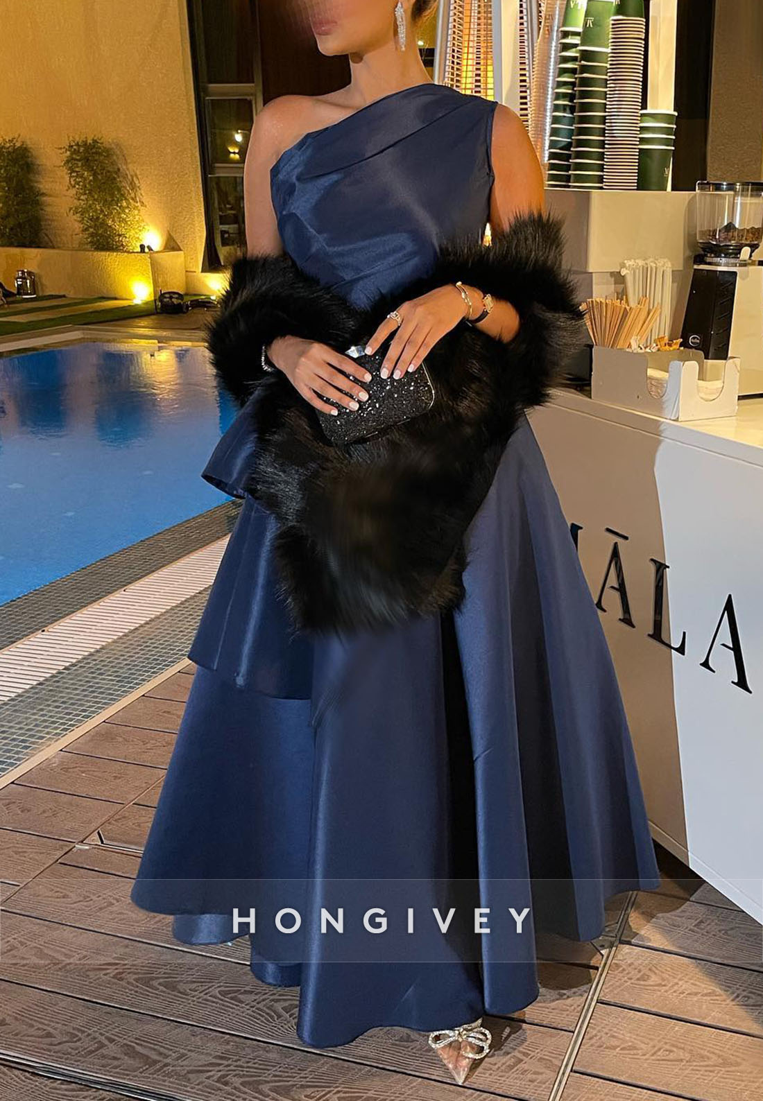 One Shoulder Floor-Length Satin Pleated Princess Evening Gown