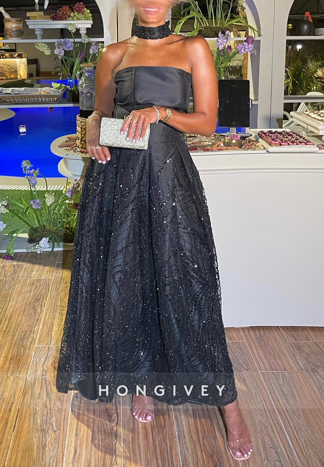 A-line Ankle-Length Off the Shoulder Formal Dresses Pleated Metallic Yarn Evening Gown