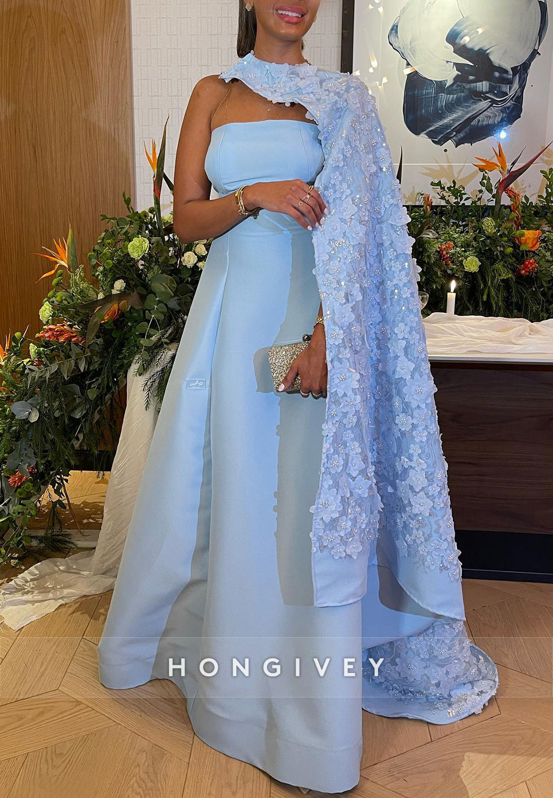 A-line Floor-Length Off the Shoulder Handmade Flowers Cape Evening Gown