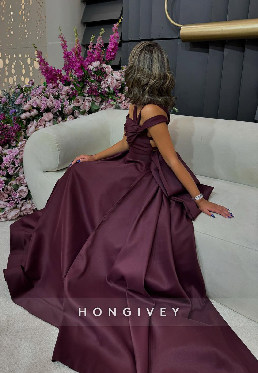 Court Train Asymmetrical Neck Evening Gown Pleated Ladder Back Formal Dresses