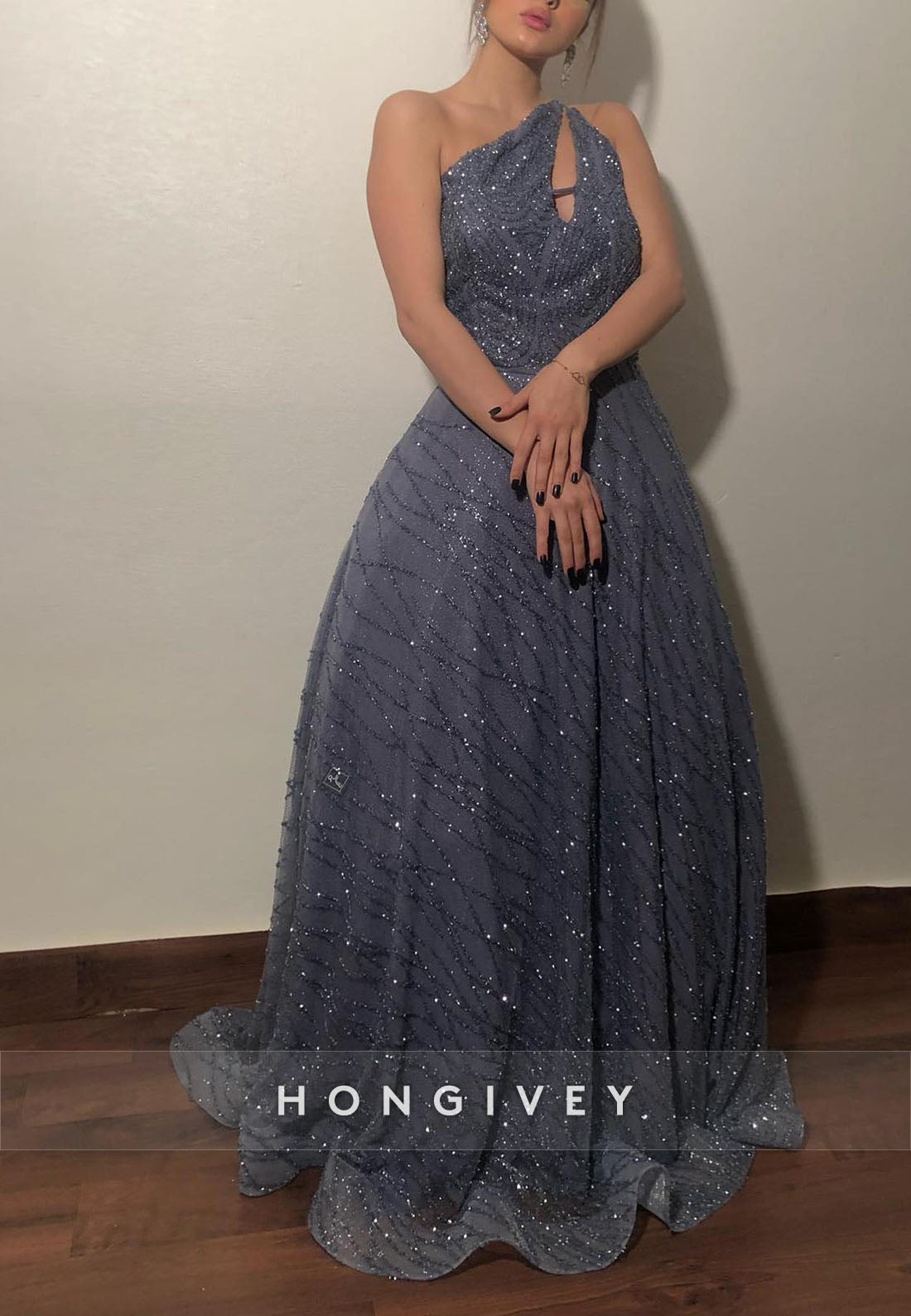 Asymmetrical Neck Metallic Yarn Crisscross Back Sparkling Evening Gown