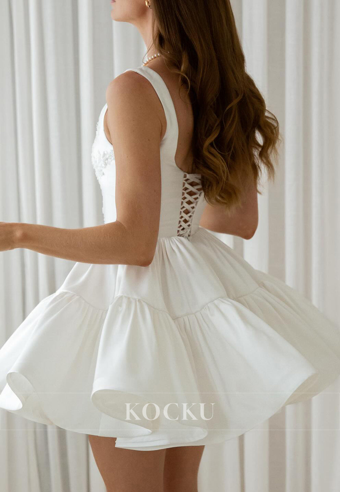 Square Neck Bridal Party Dress with Embroidered Bodice & Tiered Puff Skirt