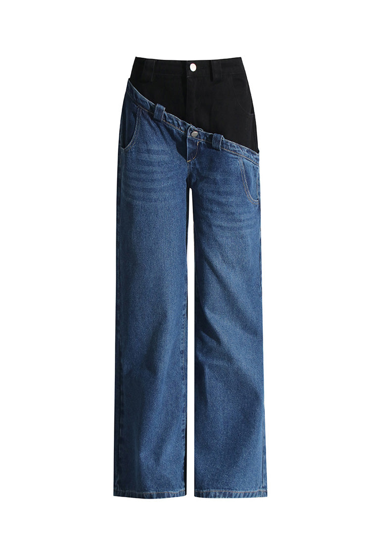 Asymmetric Bicolor Double Waist High Rise Full Length Wide Leg Hybrid Jeans - Fashionpara