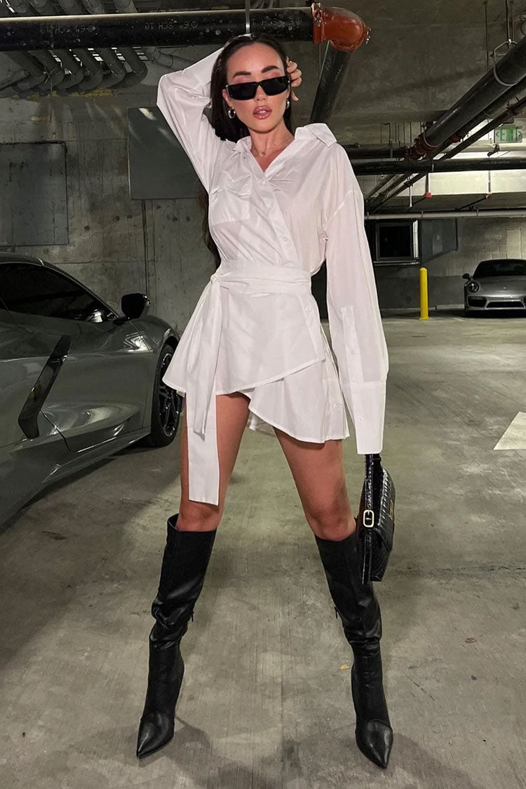 Asymmetric Button Up Long Sleeve Belted Shirt Mini Dress - White  Fashionpara