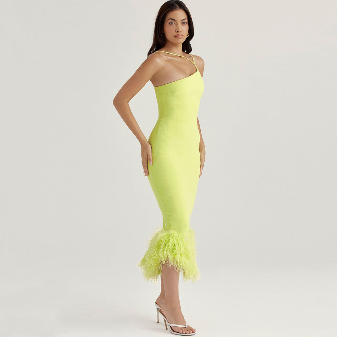 Feather Trim Sleeveless Bodycon Cocktail Midi Dress - View 3