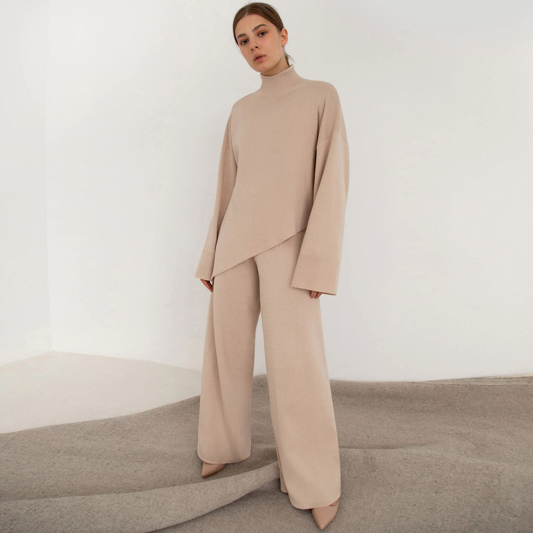 Asymmetric High Neck Bell Sleeve Sweater Wide Leg Pants Matching Set - Apricot - Fashionpara