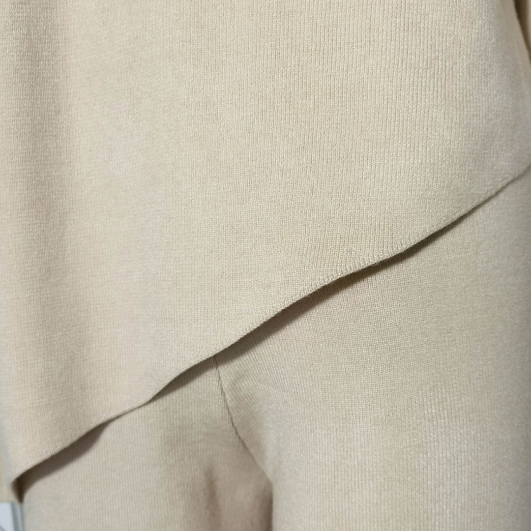 Asymmetric High Neck Bell Sleeve Sweater Wide Leg Pants Matching Set - Apricot - Fashionpara