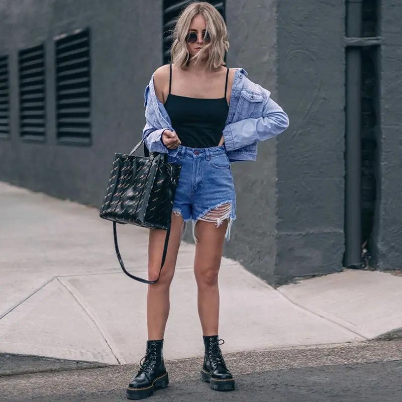 Asymmetric High Waist Cut Out Distressed Denim Shorts - Blue  Fashionpara