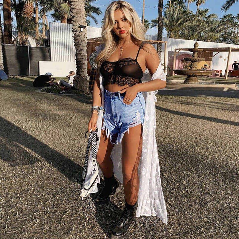 High Waist Cut Out Distressed Denim Shorts - Blue