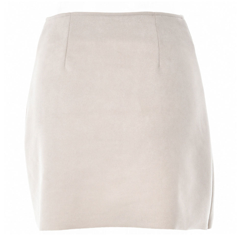 High Waist Button Up Faux Suede Wrap Mini Skirt - Beige