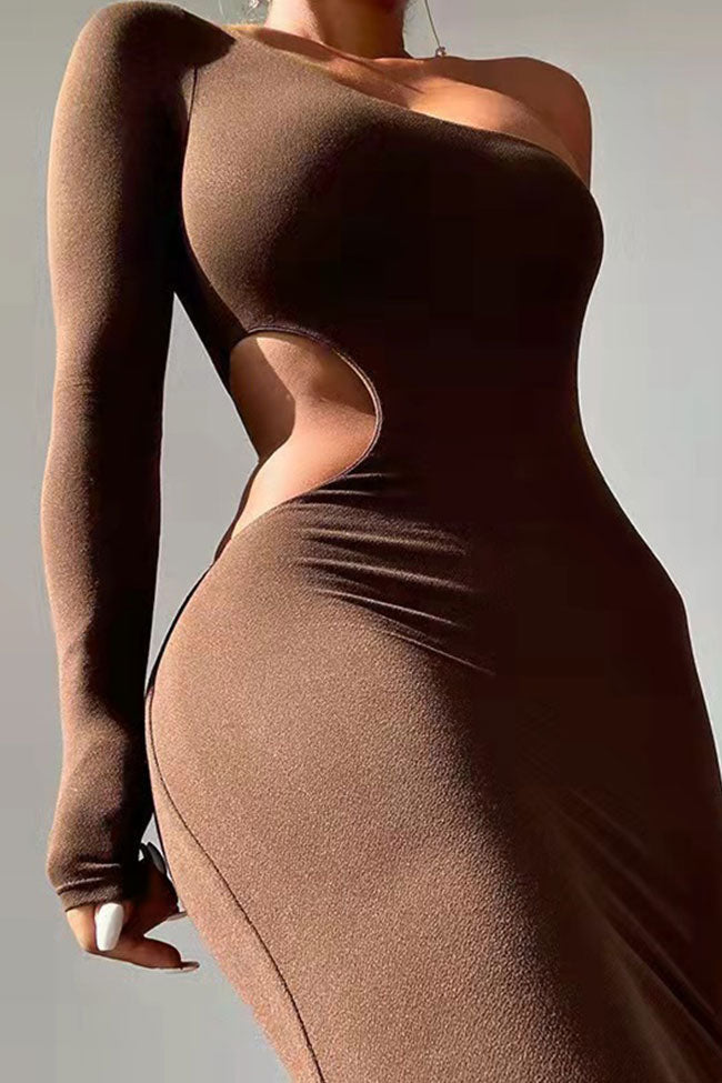 Asymmetric One Shoulder Long Sleeve Cutout Bodycon Party Midi Dress - Brown  Fashionpara