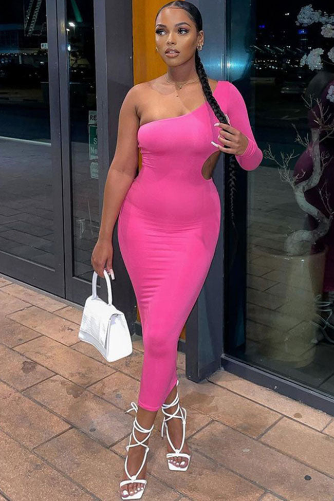 Asymmetric One Shoulder Long Sleeve Cutout Bodycon Party Midi Dress - Pink  Fashionpara