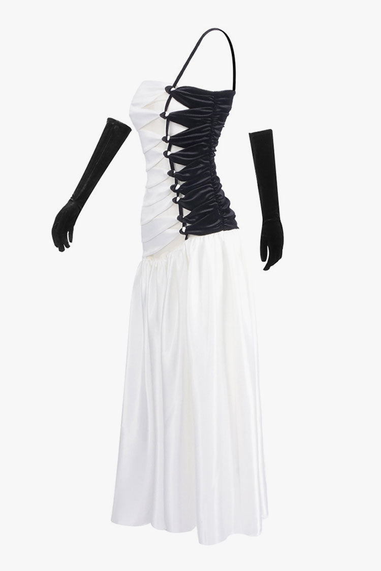 Asymmetric One Shoulder Mesh Panel Satin Pleated Formal Maxi Dress