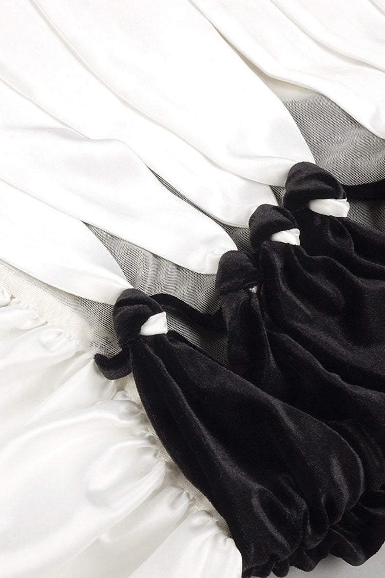 Asymmetric One Shoulder Mesh Panel Satin Pleated Formal Maxi Dress