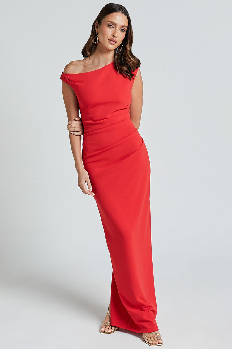 Asymmetric One Shoulder Sleeveless Ruched Bodycon Evening Maxi Dress
