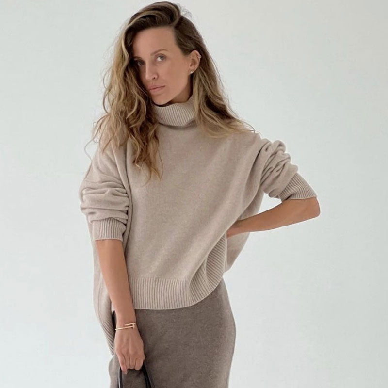 Rib Trim Turtleneck Long Sleeve Pullover Sweater - Camel