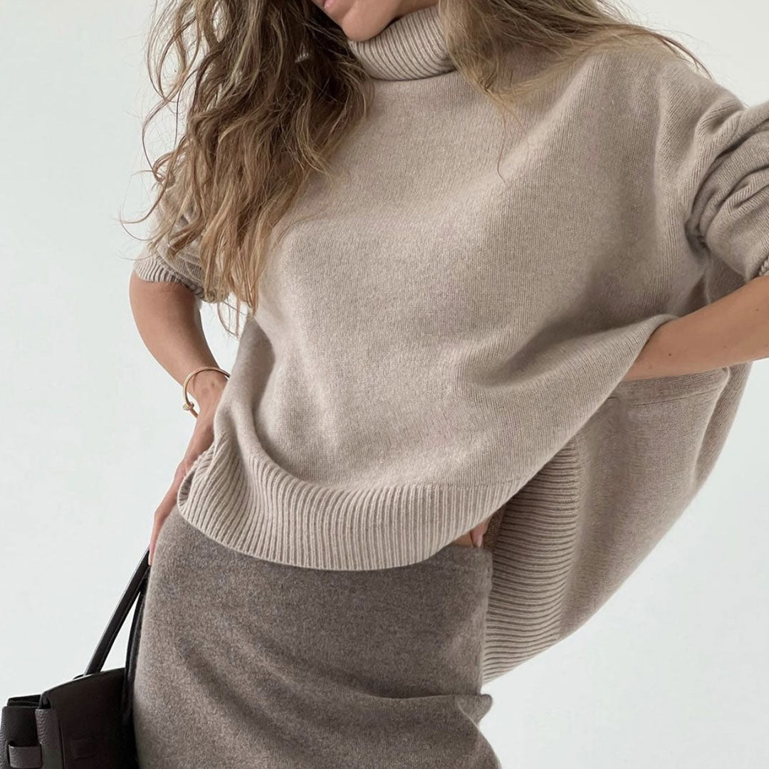 Rib Trim Turtleneck Long Sleeve Pullover Sweater - Camel