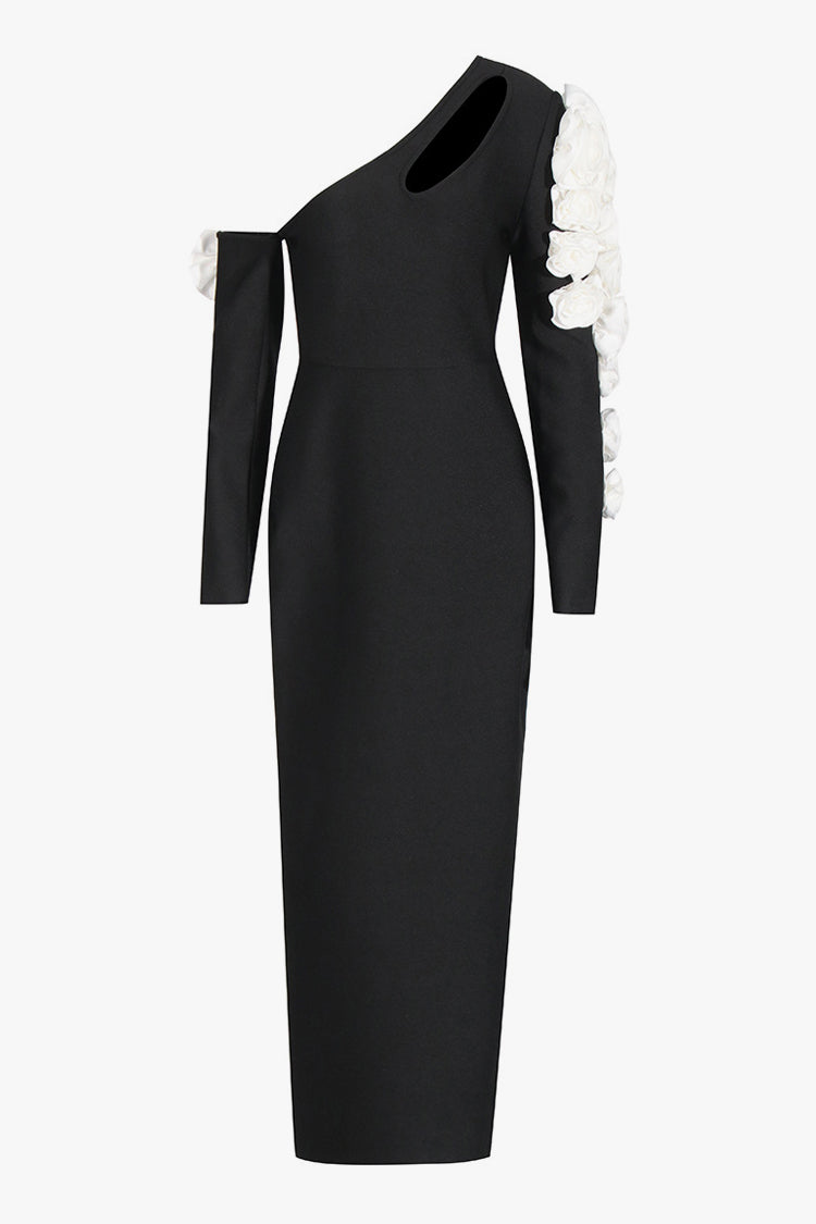 Asymmetric Rosette Cut Out One Shoulder Bodycon Evening Maxi Dress - Fashionpara