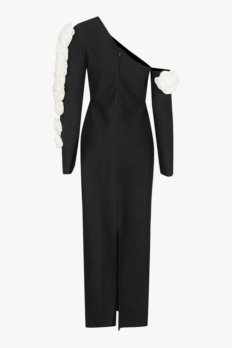 Asymmetric Rosette Cut Out One Shoulder Bodycon Evening Maxi Dress - Fashionpara