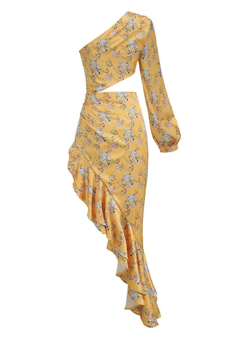 Asymmetric Ruffle Floral Printed One Shoulder Evening Dress - Yellow  Fashionpara