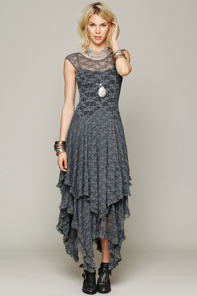 Asymmetric Tiered Ruffle Sleeveless Maxi Lace Dress - Gray  Fashionpara