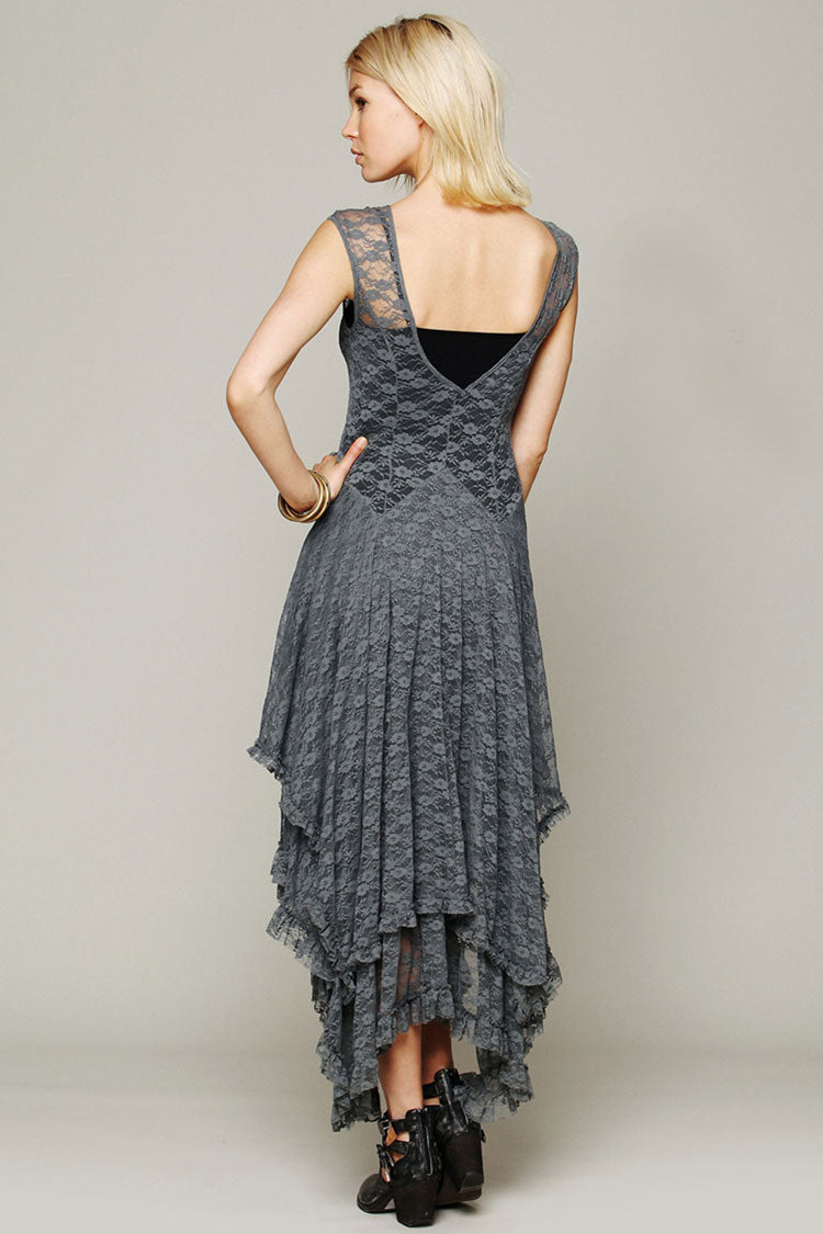 Asymmetric Tiered Ruffle Sleeveless Maxi Lace Dress - Gray  Fashionpara