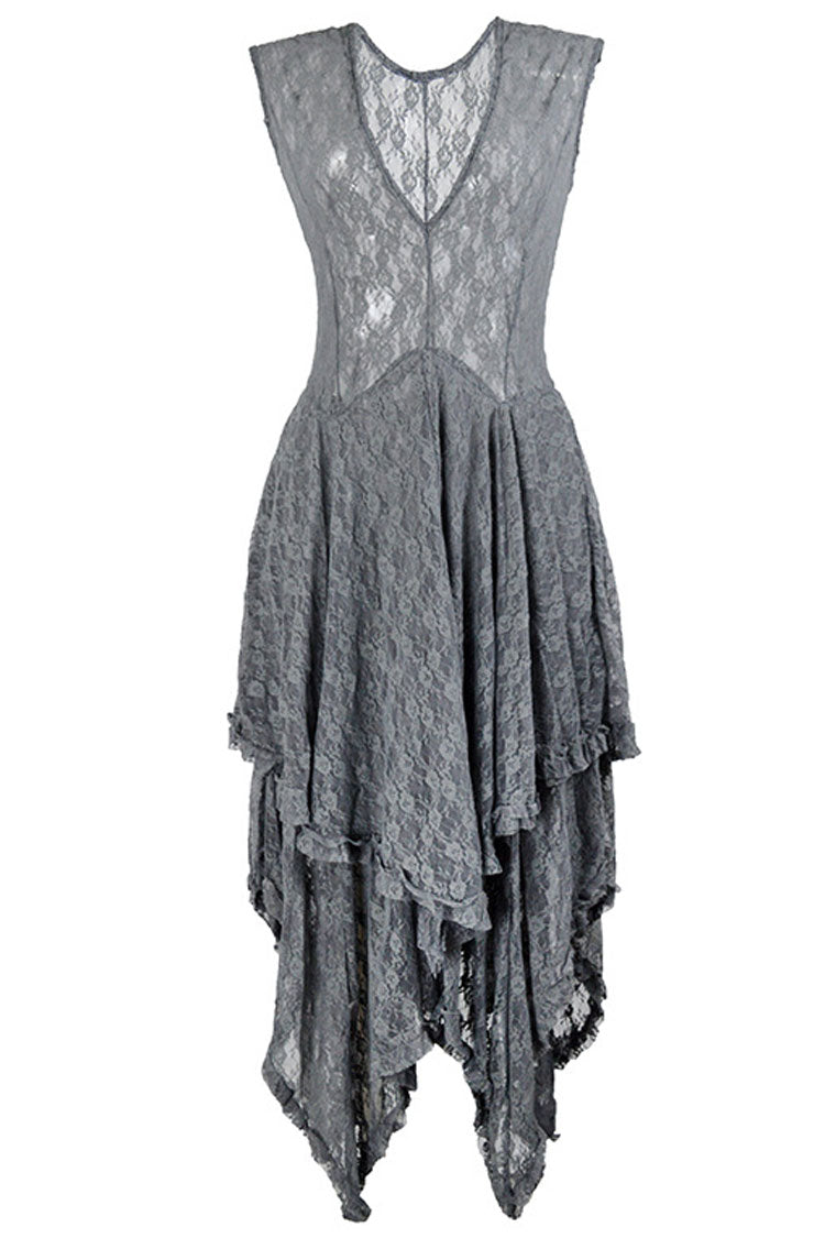 Asymmetric Tiered Ruffle Sleeveless Maxi Lace Dress - Gray  Fashionpara
