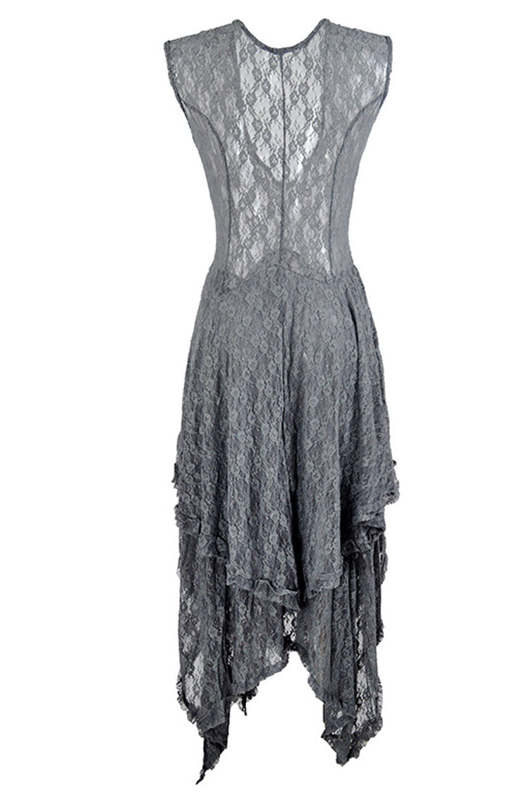 Asymmetric Tiered Ruffle Sleeveless Maxi Lace Dress - Gray  Fashionpara