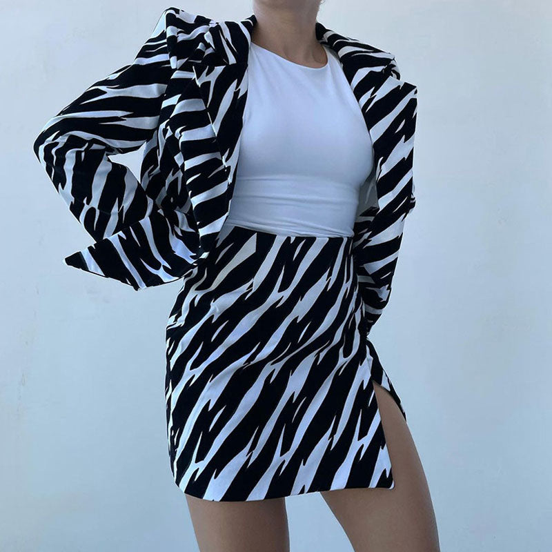 Zebra Print Collared Blazer Split Mini Skirt Matching Set - Black