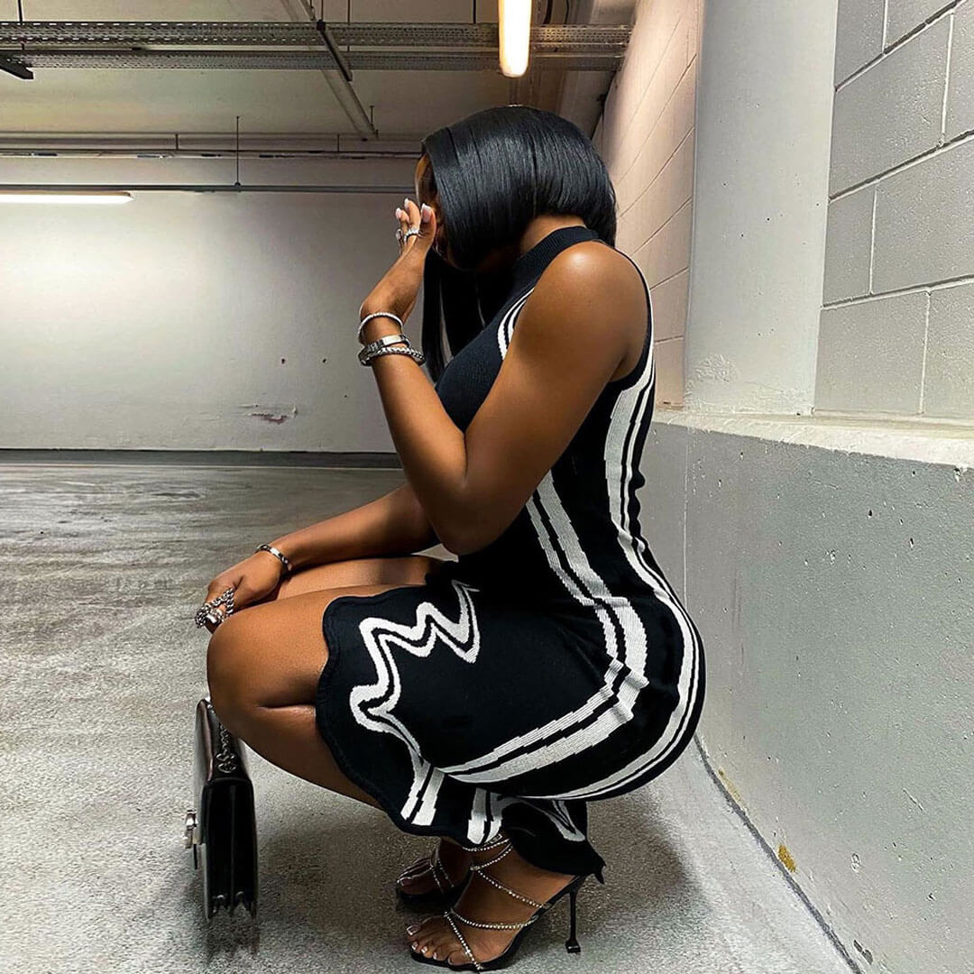 Asymmetrical High Neck Sleeveless Sweater Midi Dress Black