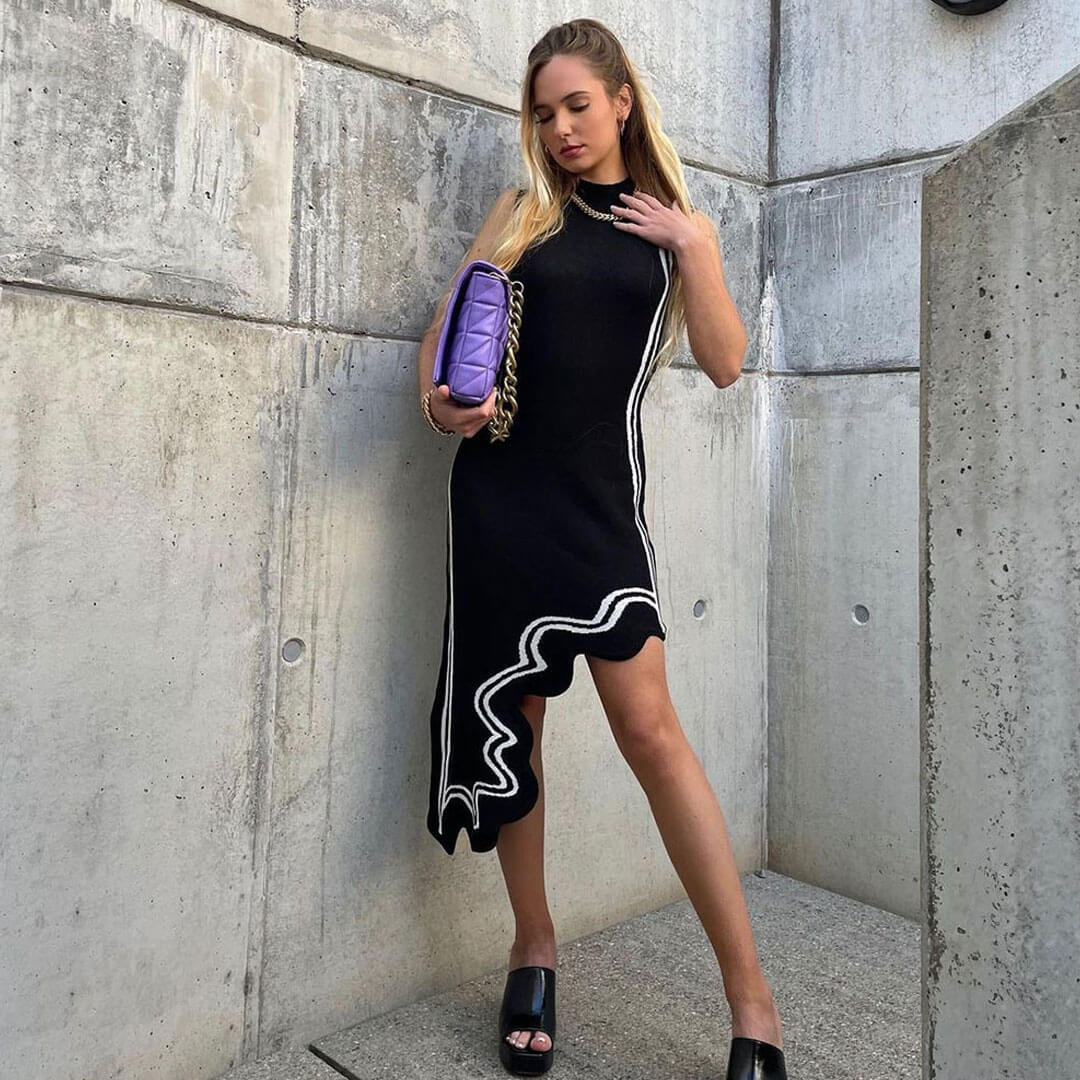 Asymmetrical High Neck Sleeveless Sweater Midi Dress Black