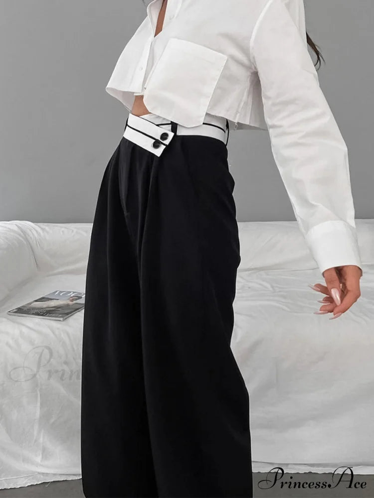 Asymmetrical Contrast Waistband Trendy Wide Leg Dress Pants