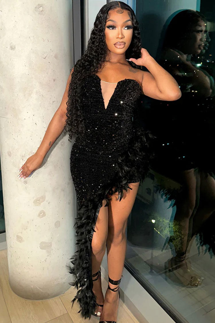 Asymmetrical Feather Hem Strapless Sequin Velvet Evening Dress - Black  Fashionpara
