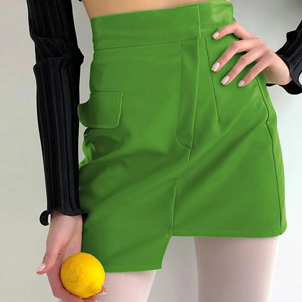 Asymmetrical High Waist Seamed Trim Vegan Leather Mini Skirt - Green  Fashionpara